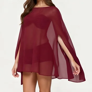 Women Summer y2k Vintage Poncho Batwing Sleeve Sheer Mesh Tops Solid Color Loose Cover-Ups Tops Clubwear Party 1