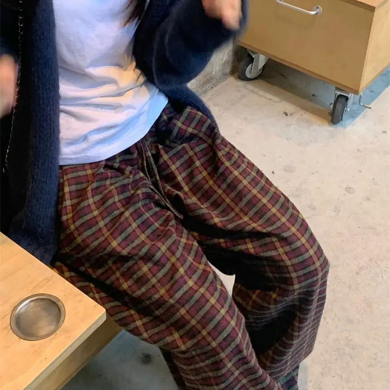 Fashion Korean street plaid wide leg pants women autumn Japanese style high waist y2k personality casual floor mopping pants