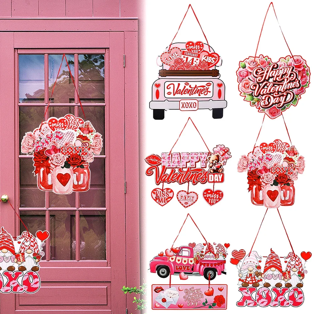 

Valentines Day Door Hanging Pendants Flags Home Party Valentines Day Decoration Wall Ornament Paper Plaques Love Shape with Rope