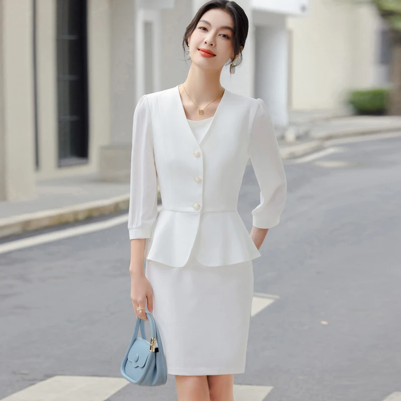 Office Outfits Double Breasted Blazer And Skirt Green