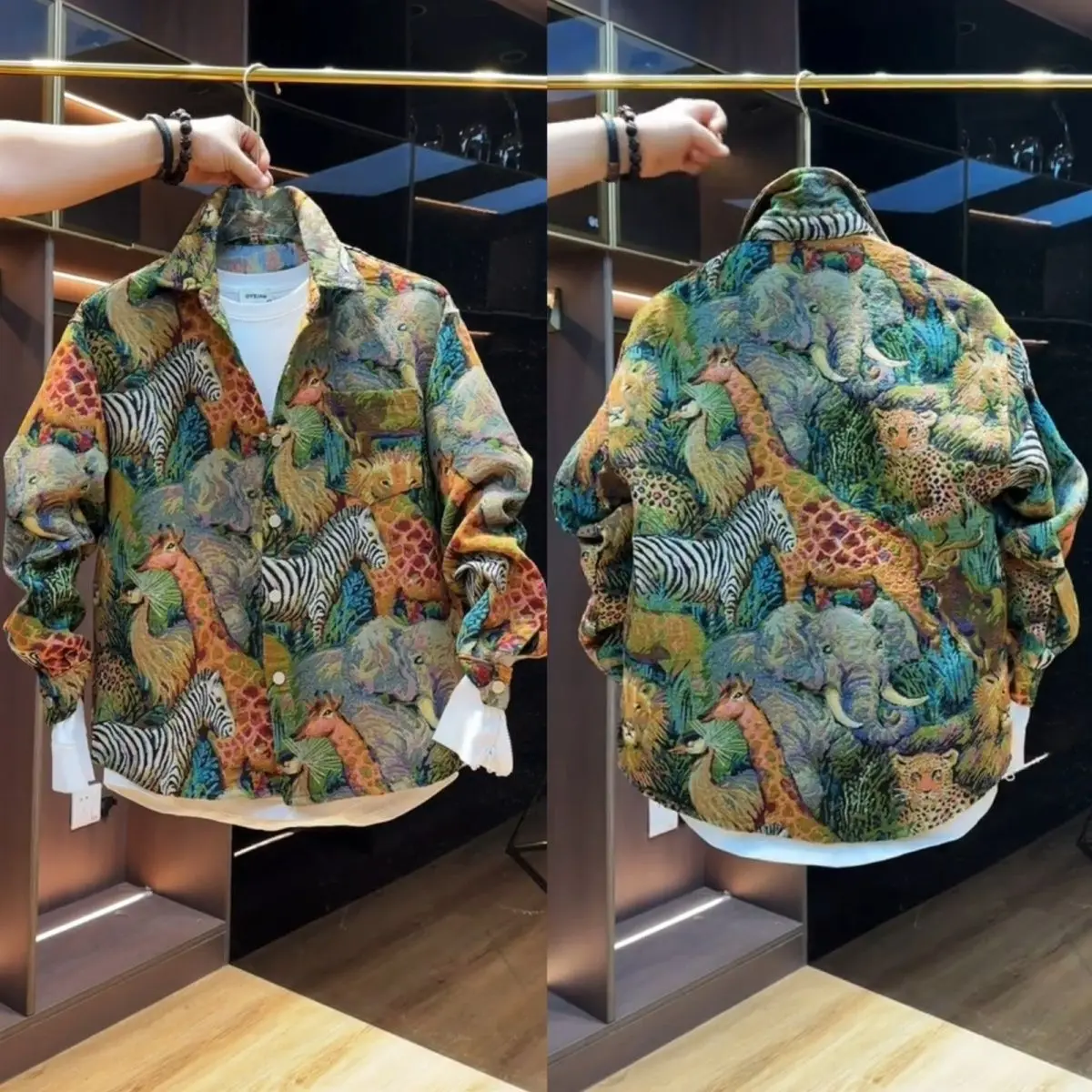 

2024 Spring New Chinese Jacquard Animal Pattern Lapel Shirt Coat Men's Trendy All-Match Dovetail Polo Collar Jacket tops