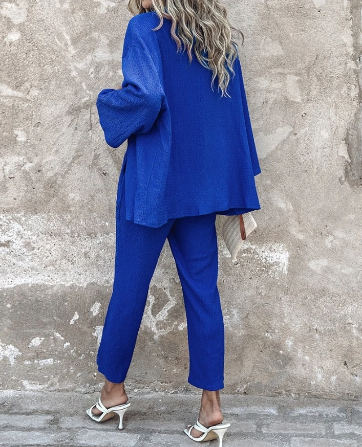 Two Piece Set Women Outfit 2024 Spring Summer Casual Fahsion Solid Color Long Sleeve Open Front Top & Wide Leg Pants Set