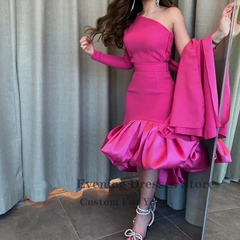 

Fuchsia Black Saudi Arabric Women Formal Evening Dresses One Shoulder Long Sleeve Cape Tea Length Prom Gowns Party Occasion