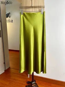 2024 spring Luxury Satin Midi Long Women's Skirt Elastic Waist Solid Color Split Skirt Casual Elegant Women Party A-Line Skirts 1