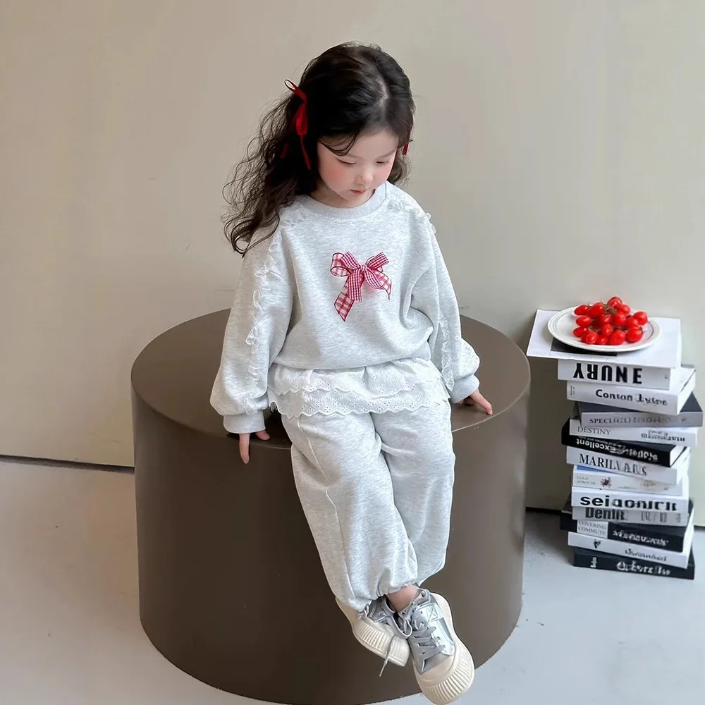2025 Autumn Children Girls 2 Piece Set Cotton Lace Long Sleeve Red Bow Sweatshirt Suit Loose Kid Girl Grey Sports Pant Tracksuit 5