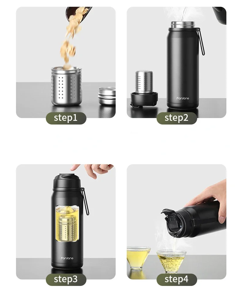 FANJTXBouteille thermos avec infuseur à thé magnétique, acier