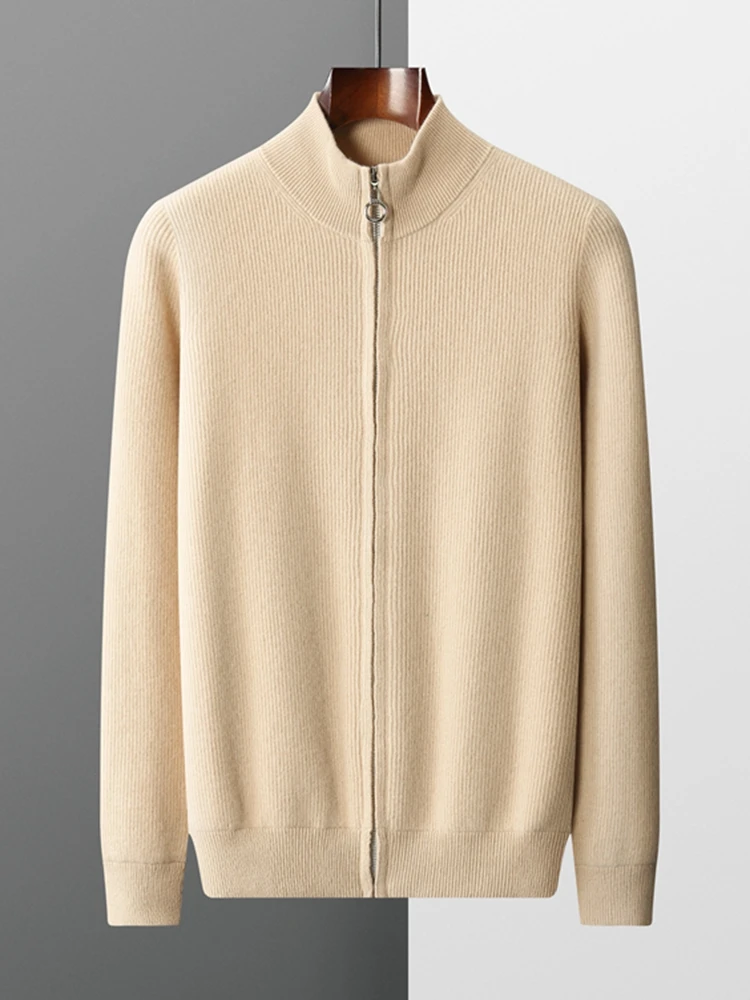 ADDONEE Autumn Winter Men Zipper Cardigan Mock Neck Thick Cashmere Sweater 100% Merino Wool Knitwear Smart Casual Sweater Coat 6