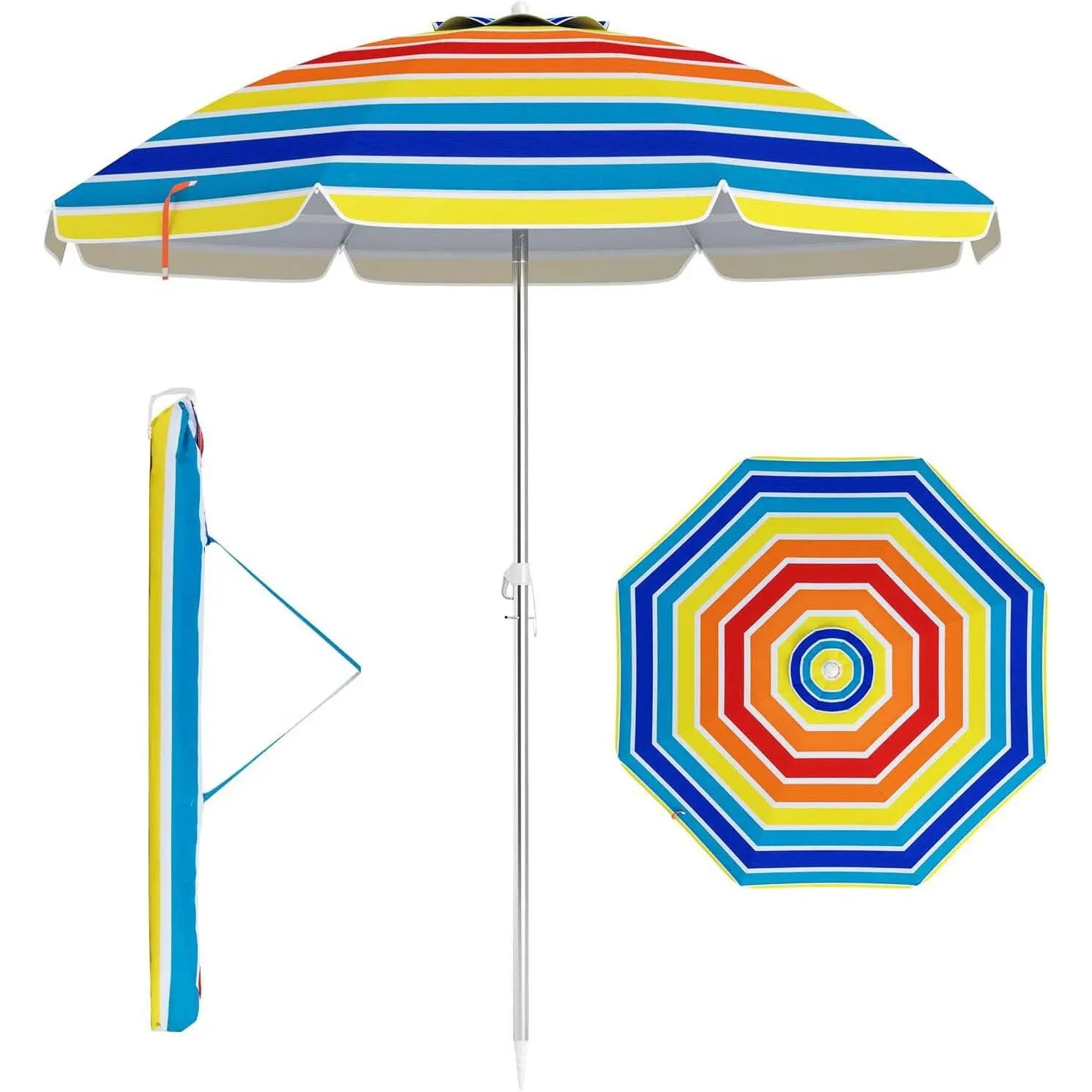 Beach Parasol, 178 cm, Windproof, Stable, UPF 50+, 30° Bendable, Sun Protection with Ground Spike & Carry Bag(Colourful)