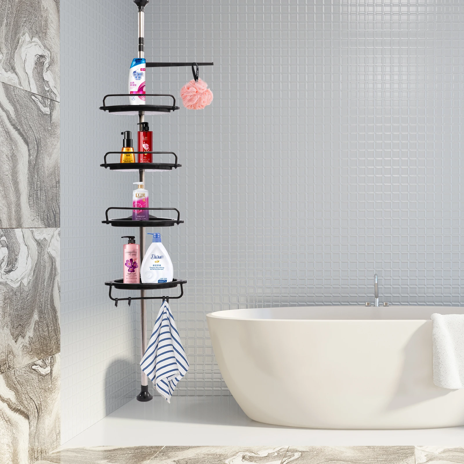 Height105cmTo320cm4ShelvesBathroomShelfTelescopicShowerShelf