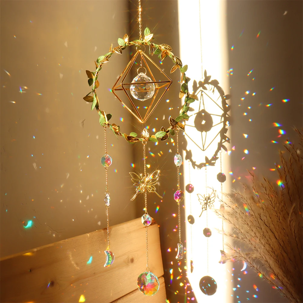 Crystal Prisms Pendant Star Moon Round Heart Light Catching Wind Chime Creative Sun Catcher Wind Chime for Wedding Decoration