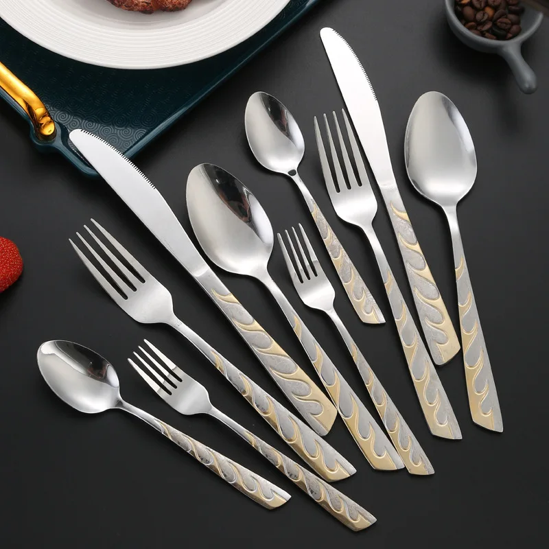 

20pcs Mirror Stainless Steel Cutlery Set Oblique Tail Carved Handle Fork Knife Dessert Spoon Complete Tableware Dinnerware