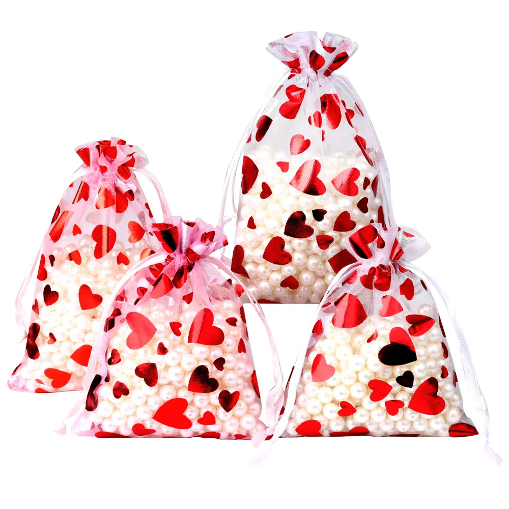 25pcs/Lot Red Love Heart Organza Bags 9x12cm 10x15cm 13x18cm Wedding Christmas Party Candy Storage Gift Pouches Jewelry Bag