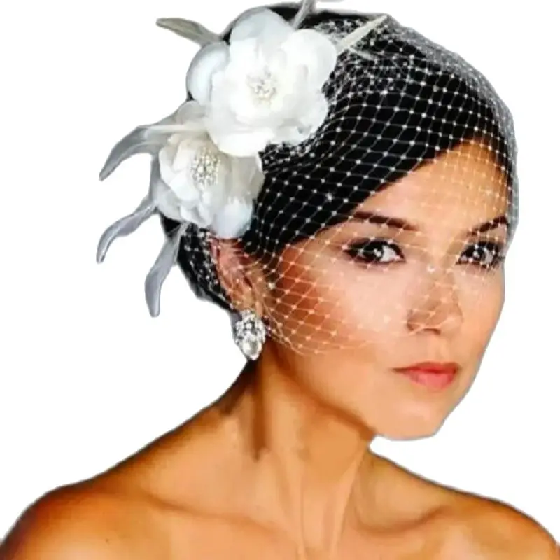 

BirdeCage hat Wedding Veil Birdcage Veil Netting Face Short Feather Flower White Fascinator Bride Hats with Veil