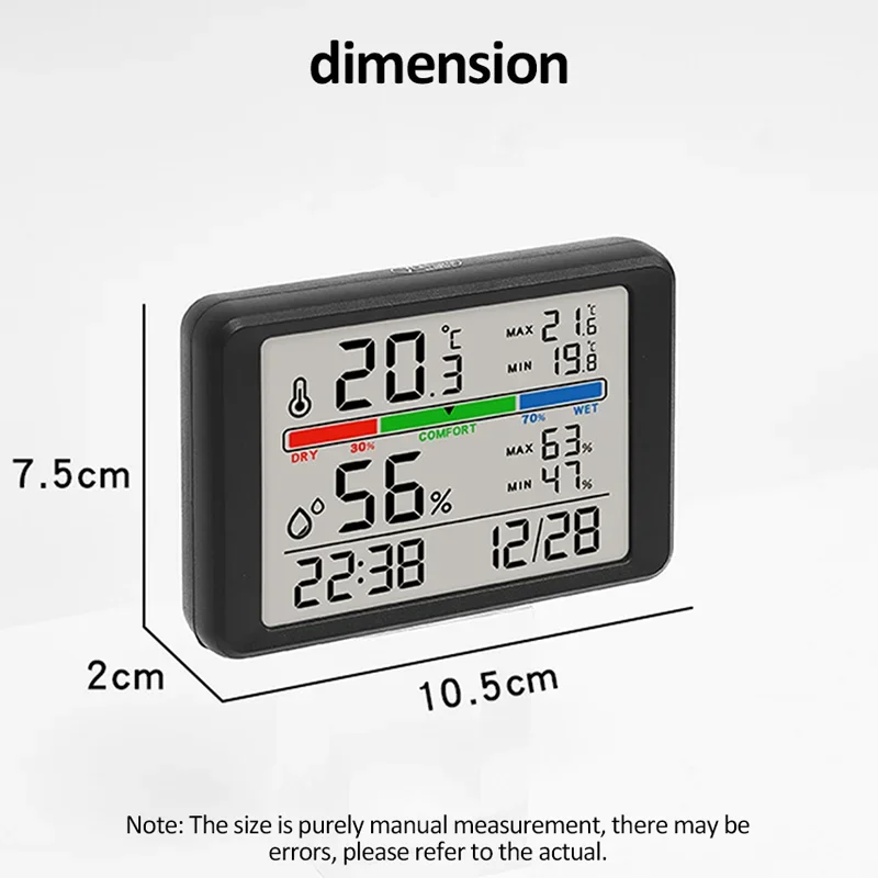 ساعة منبه خفيفة مع مستشعر درجة الحرارة والرطوبة وحامل رطوبة/مغناطيس/ساعة مطبخ معلقة وإضاءة خلفية لسطح المكتب