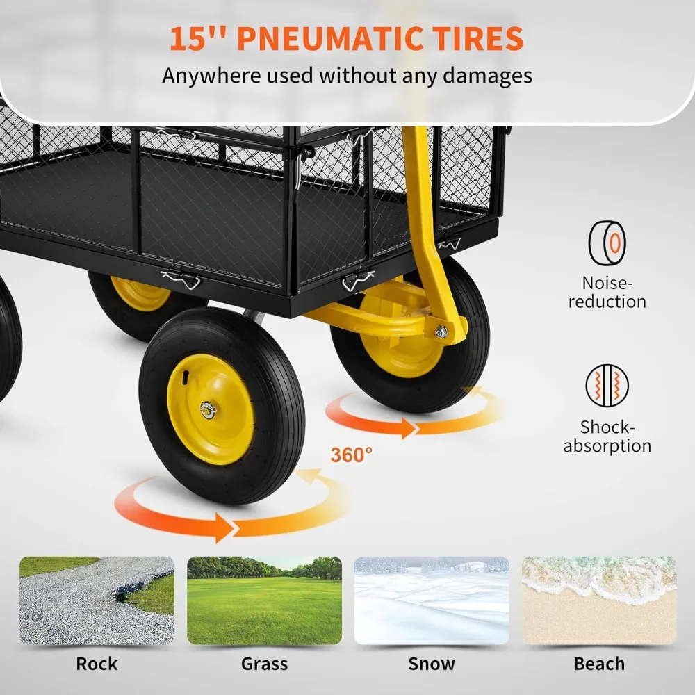 VEVOR Steel Garden Cart, Heavy Duty 1400 lbs Capacity, with Removable Mesh Sides to Convert into Flatbed, Utility Metaln