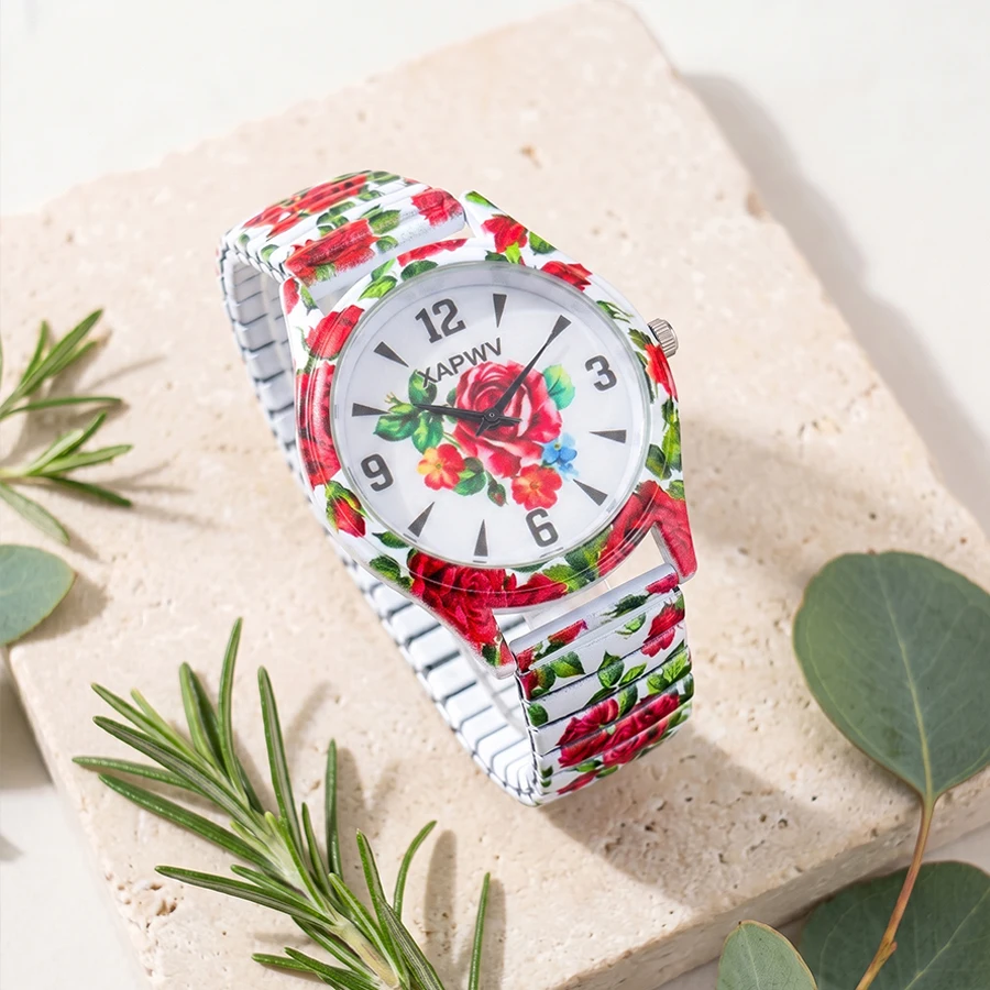 Elegant His and Hers Watch Set with Leaf and Rose Dial Design and Elastic Straps