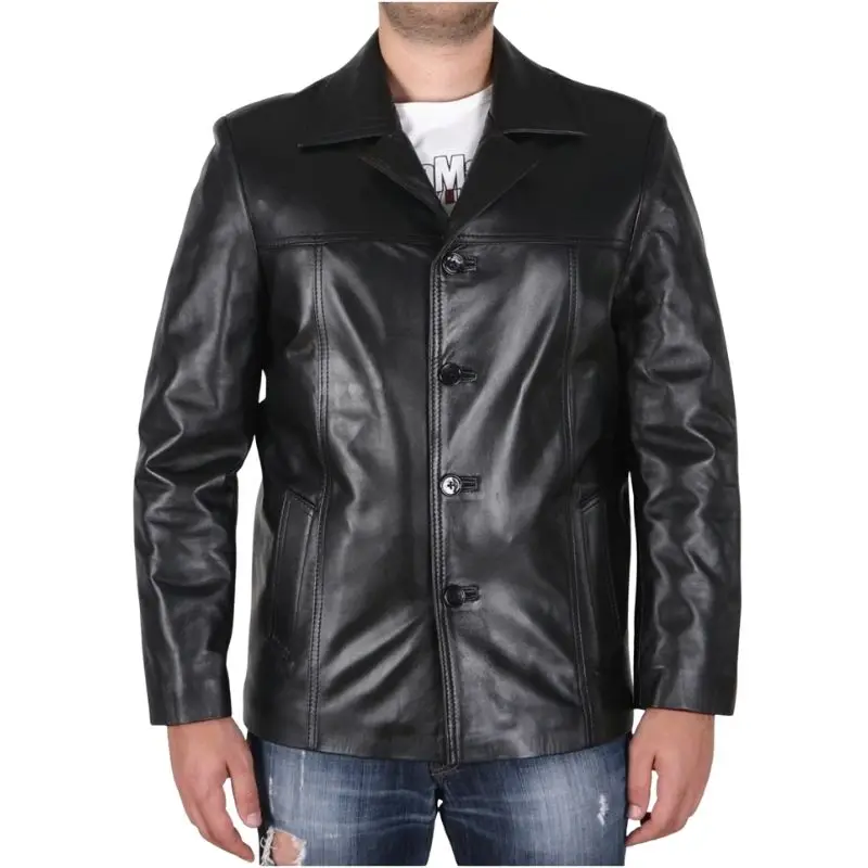 

Men's Genuine Lambskin Leather Buttoned Down Jacket Stylish Black Casual Coat