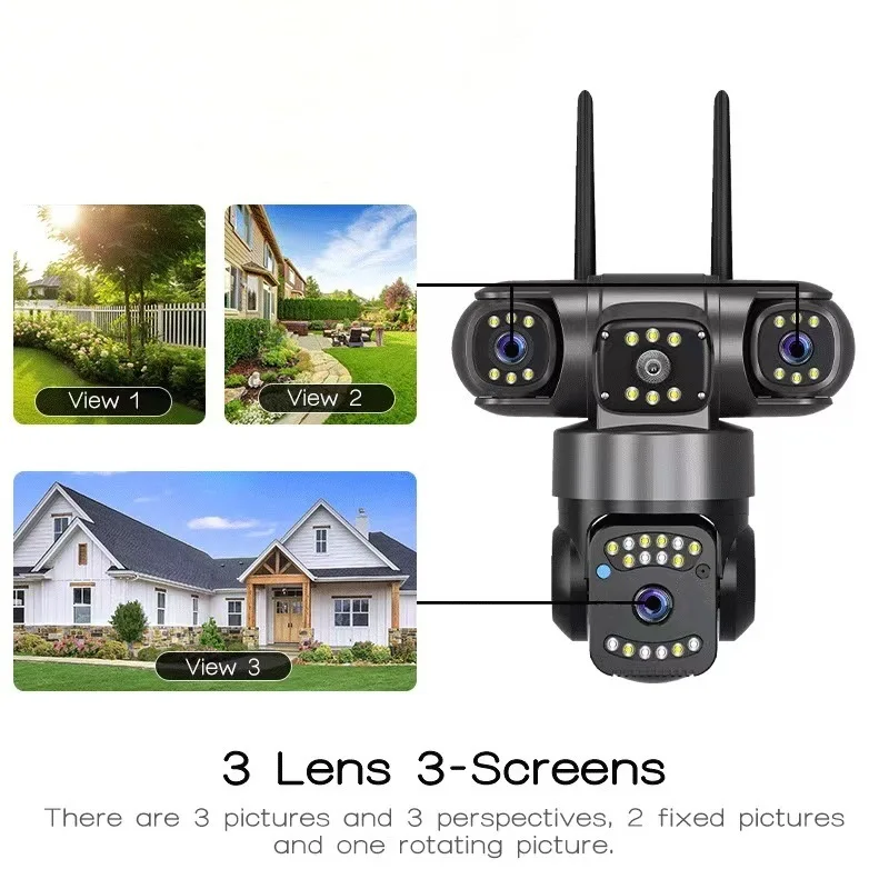 6MP Security Camera Triple Lens - Auto Tracking No Blind Spot, SD Card Separate Purchase Available, Wide Angle Remote Monitoring 3