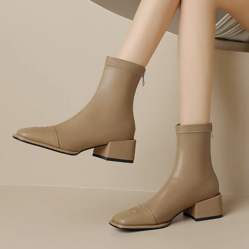 

Women Ankle Boots Back Zipper Thick High Heels Shoes Woman Genuine Leather Autumn Stretch Office Lady Size 34-42