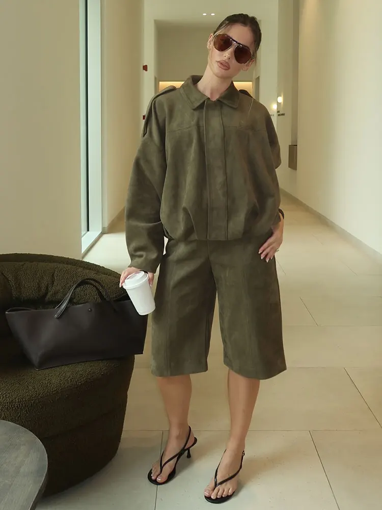 HH Spring Women Suede Coat Pant Sets Lapel Long Sleeve Zipper Jackets Casual Shorts 2025 New Fashion High Street Lady Outfit