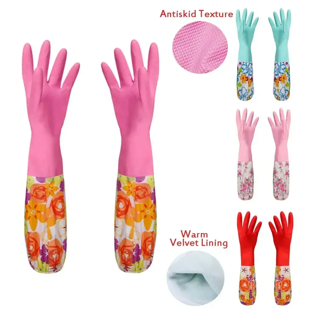 Flower Rubber Velvet Long Gloves Household Dish Washing Cleaning dishwashing gloves,cleaning gloves