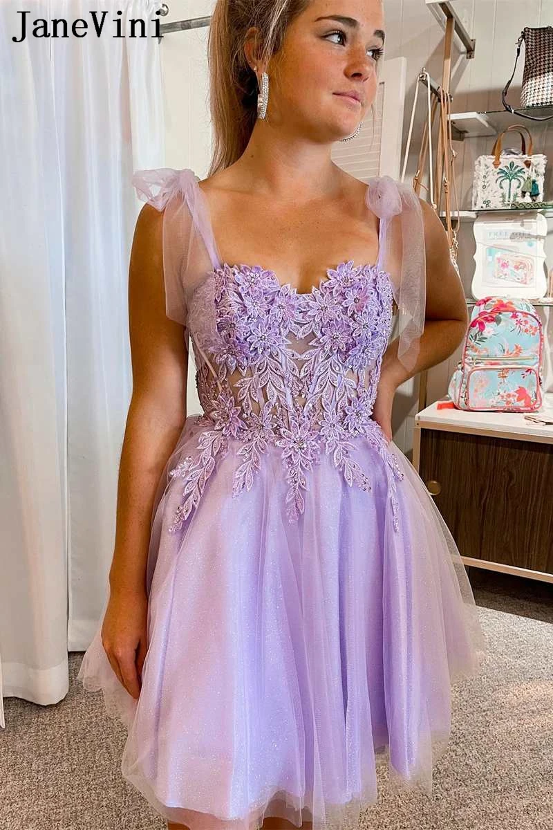 JaneVini Elegant Lilac Lace Appliqued Homecoming Dresses Short Mini Beaded Women Party Wear Sexy Illusion Tulle Cocktail Dress