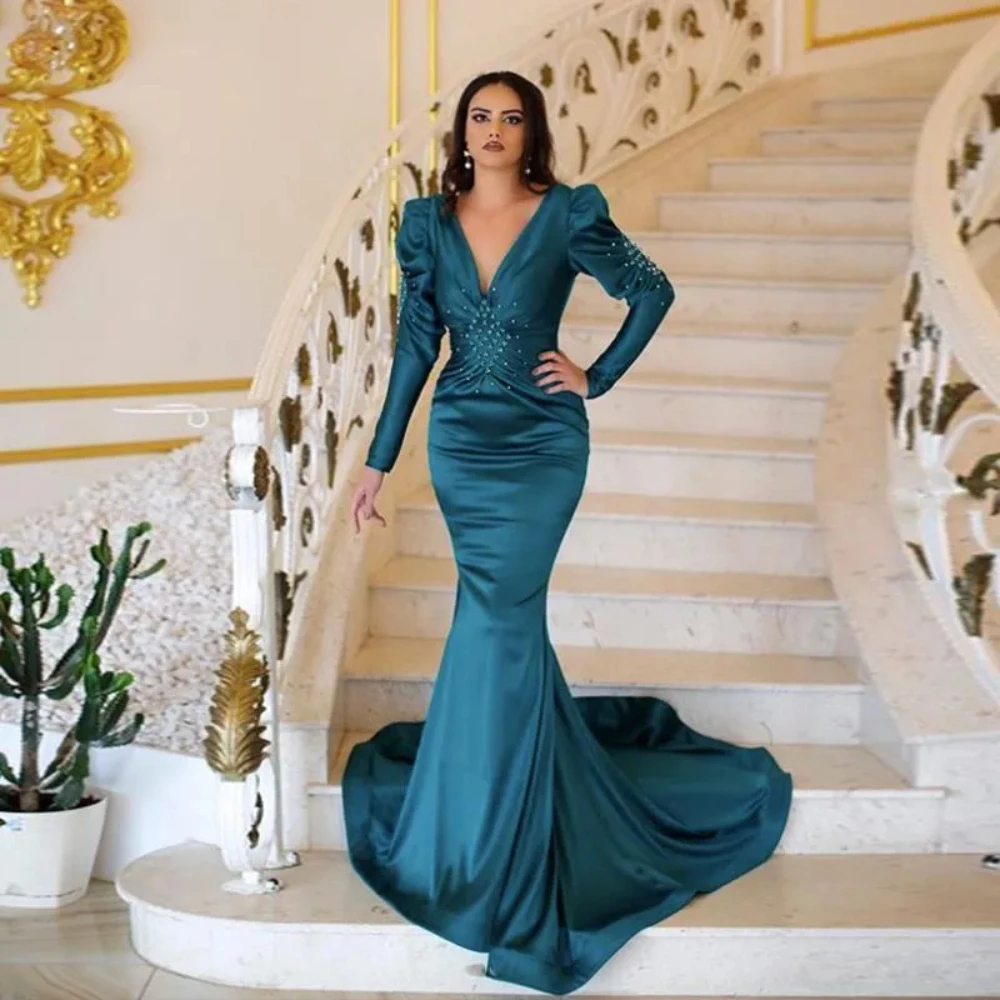 

Simple Mermaid Evening Dresses Hunter Green Satin Arabic New Long Sleeves with Beaded V Neck Backless Formal Prom Party Gowns