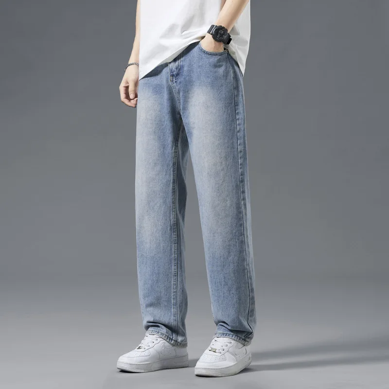 

2023 New Ice Silk Jeans Men's Summer Thin Loose Straight Fashion Brand Ice Oxygen Bar Cool Feeling Wide Leg Pants Wholesale