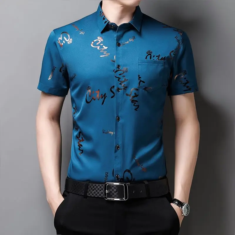 Fashion Men Short Sleeve Smooth Shirt Summer New Letter Male Clothes Streetwear Business Casual Lapel Loose Quick Dry Casual Top thread female head pneumatic connector quick type coupler coupling connector fitting g1 4 male thread pneumatic