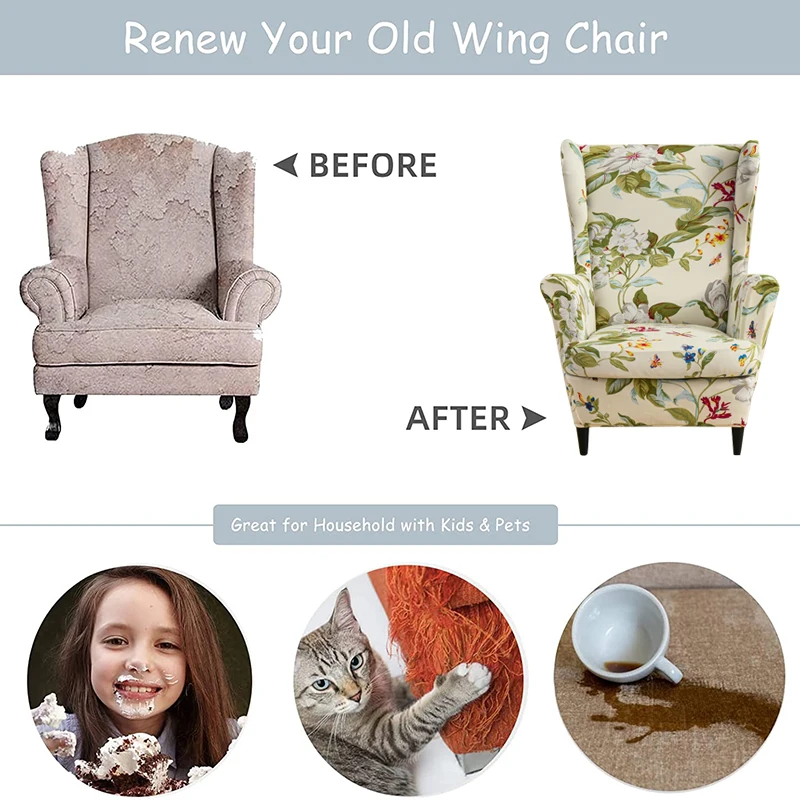 Wing Chair Slipcovers 2 Pieces/set Stretch Wingback Chair Covers Printing Armchair Furniture Protector Soft with Elastic Bottom 4