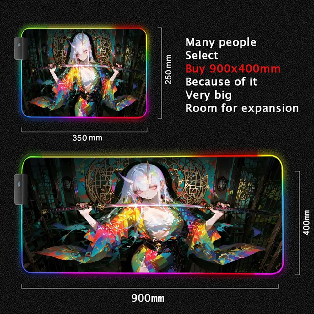 RGB Large Gaming Mouse Pad with LED Backlit - Samurai Anime Girl Design