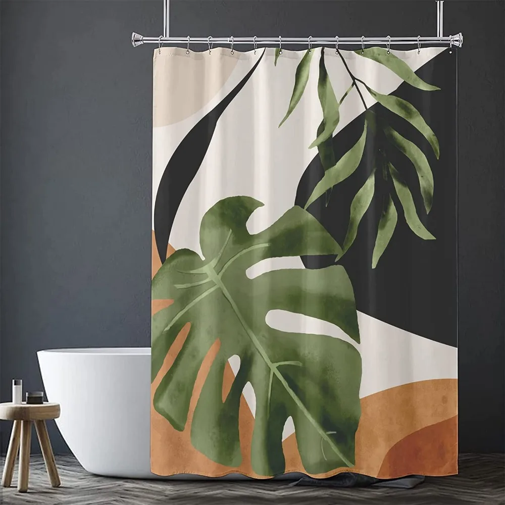 Abstract Tropical Shower Curtain Plant Palm Leaf Botanical Curtains  Polyester Fabric Bath Curtain Set with Hooks Bathroom Decor