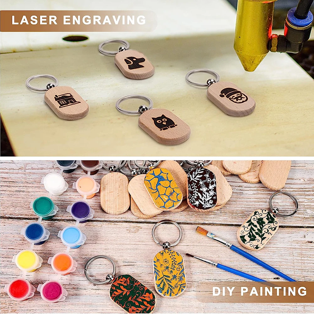 50pcs Blank Wood Keychains for Personalized Crafts Unfinished Rectangular Wood Key Tag Blanks DIY Key Chains