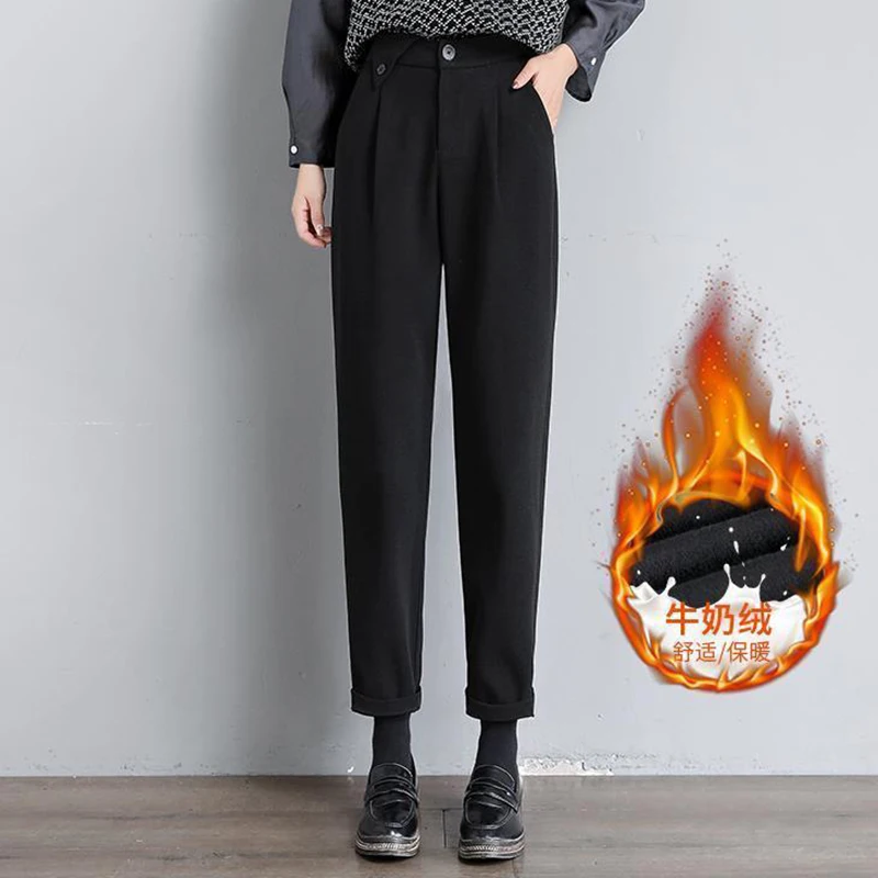 Women Fleece Lined Woolen Blend Suit Trousers Vintage Plus Velvet Stretch Harem Pant Ladies Office High Waist Ankle-Length Pants