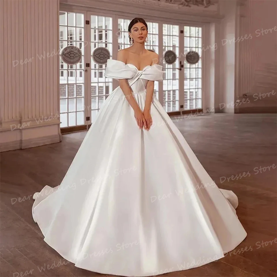 

Gentle Pleat Satin 2024 Wedding Dresses Women's A Line Sexy Off The Shoulder Sweetheart Bridal Gowns Formal Sweep Train Vestidos