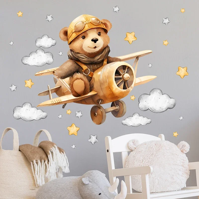 Cartoon Bear Pilot Flying Airplane Stars Clouds Wall Stickers for Kids Room Children Bedroom Playroom Nursery Decoration Decal