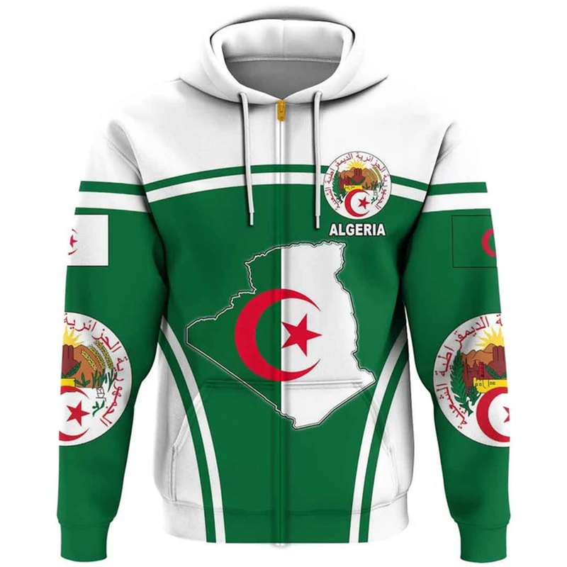 thumbnail image 1 of Sudadera con capucha y cremallera con el emblema nacional argelino y la bandera de Argelia para hombre, ropa informal deportiva para niños, 1 of 5