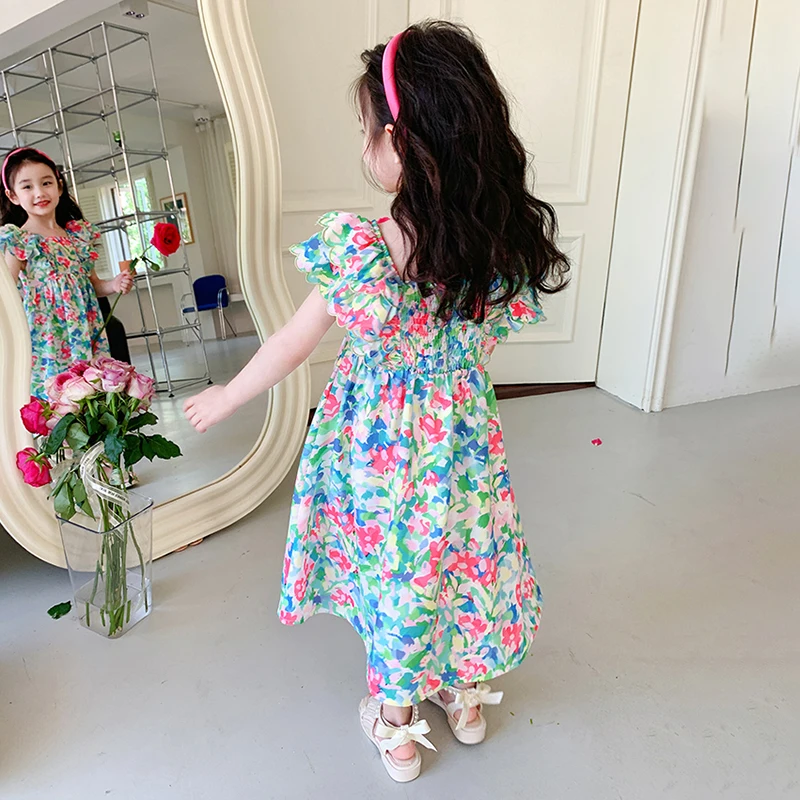 Girls Dress Summer Kid Foral Print Ruffles Square Neck Princess Style Fashion Casual Breathable Picnic Costume girls dress princess costume kids clothes