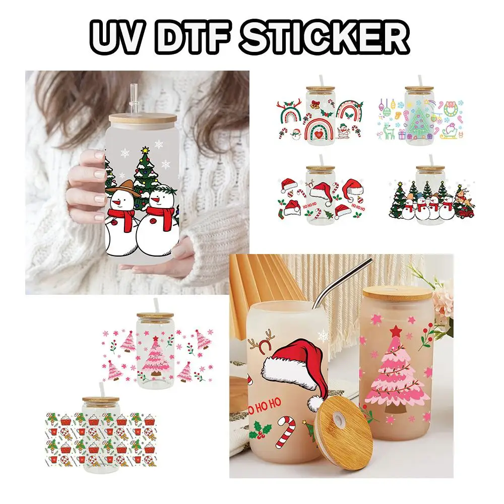Merry Christmas Snowman Santa Claus UV DTF Sticker For 16oz Cup Wrap Transfer Sticker Label DIY Self Adhesive B0I9