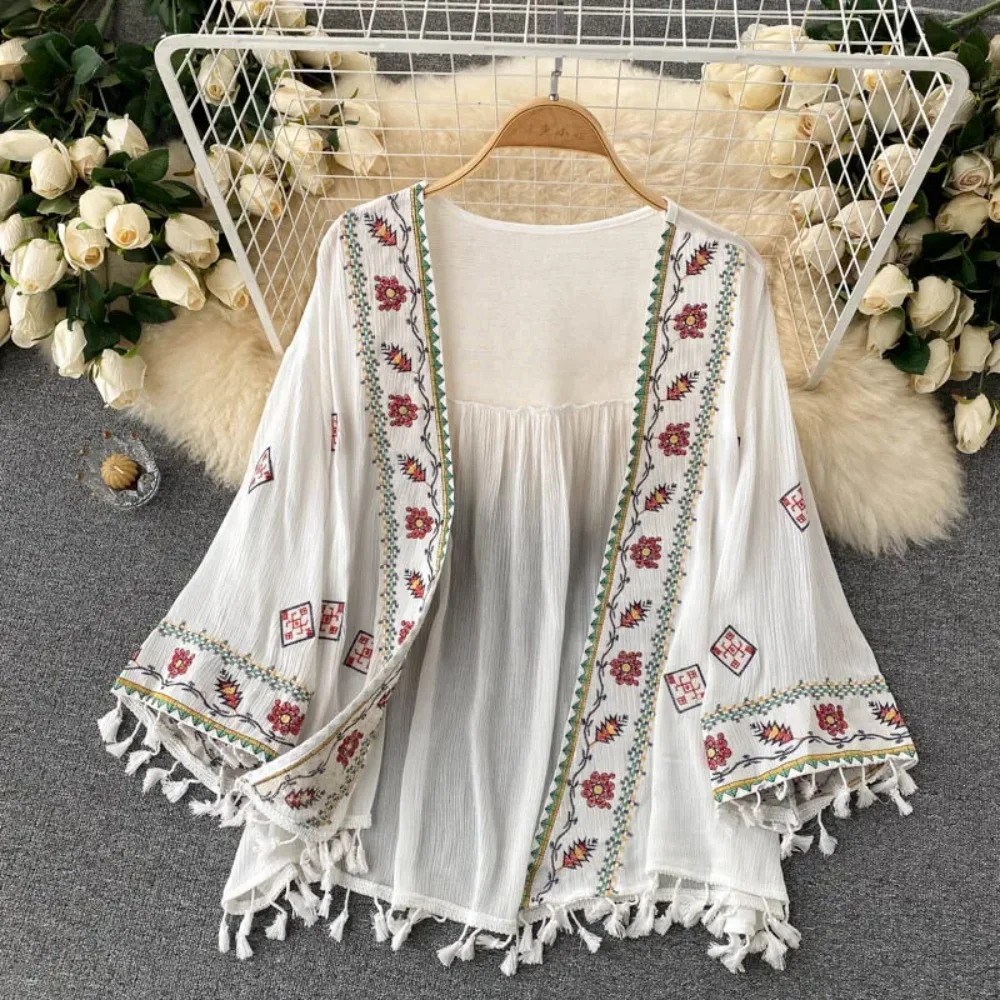 Sexy Boho Tassel Embroidery Sheer Loose Beach Cover Up Casual Cover-ups Vacation Beach Dress Beach Wear Beachwear Female Women 1