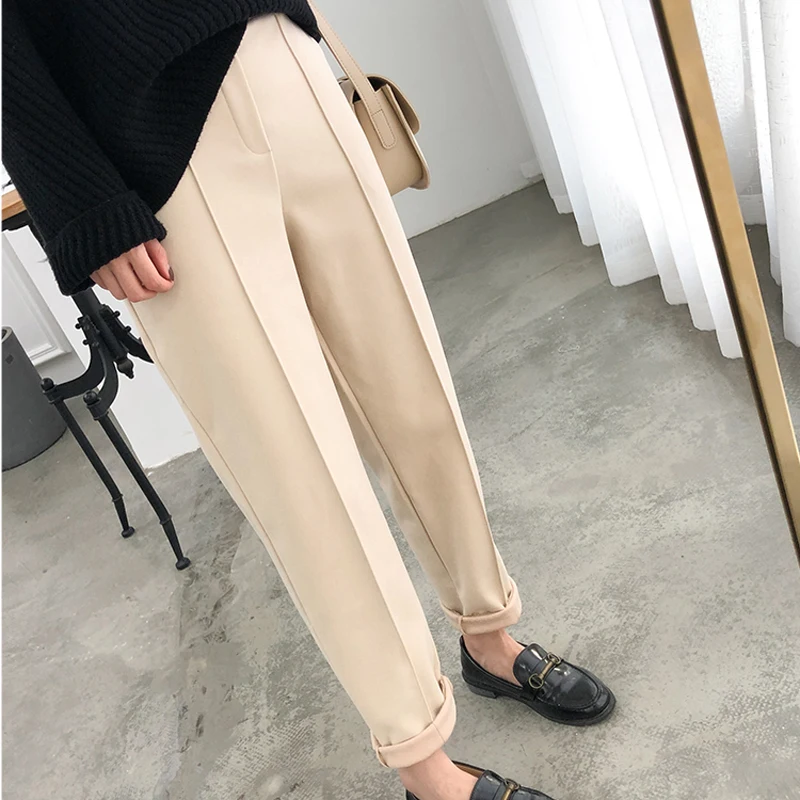 JMPRS Plus Size Women Pants Spring Winter Plus Size Wool Loose Work Suit Pant Elastic Waist Pocket Loose Female Trousers cropped leggings Pants & Capris