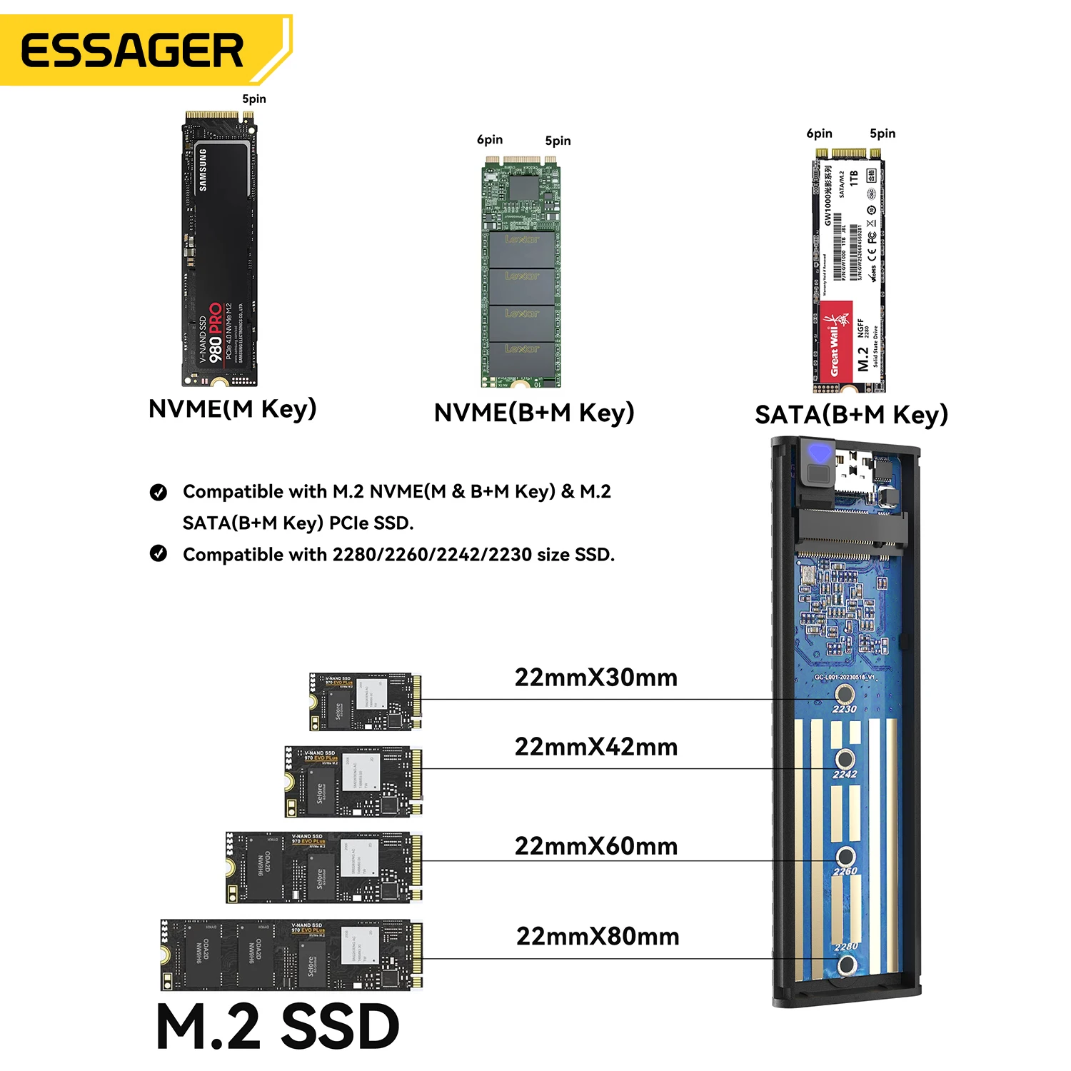 Hdd Enclosure Portable Ssd External Hard Drive Housing M2 Ssd Enclosure Essager External Hard Box Drive Portable M.2 SATA NVMe SSD Case USB 3.2 Type C Hard Disk Box 10GbPS High-Speed Storage Enclosure