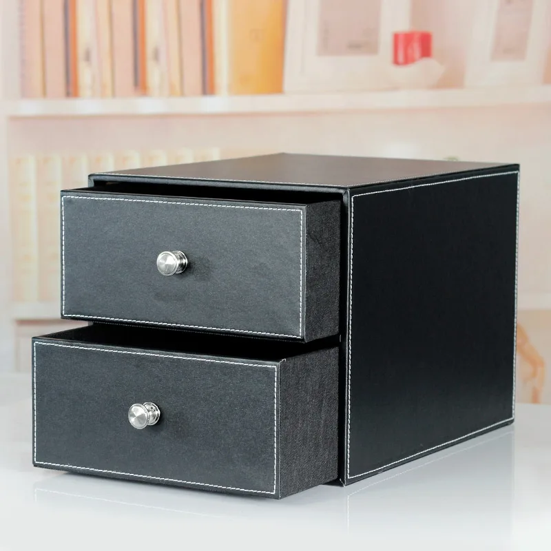 double layer double drawer wood leather desk set filing cabinet box office organizer document container holder croco red 214D