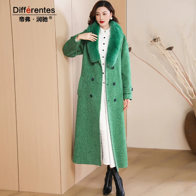 

Women Winter Parkas Green Wool & Blends Thick Long Coat X-Long Fur Turn-down Collar Jacket Double Breasted Overcoat Cashmere