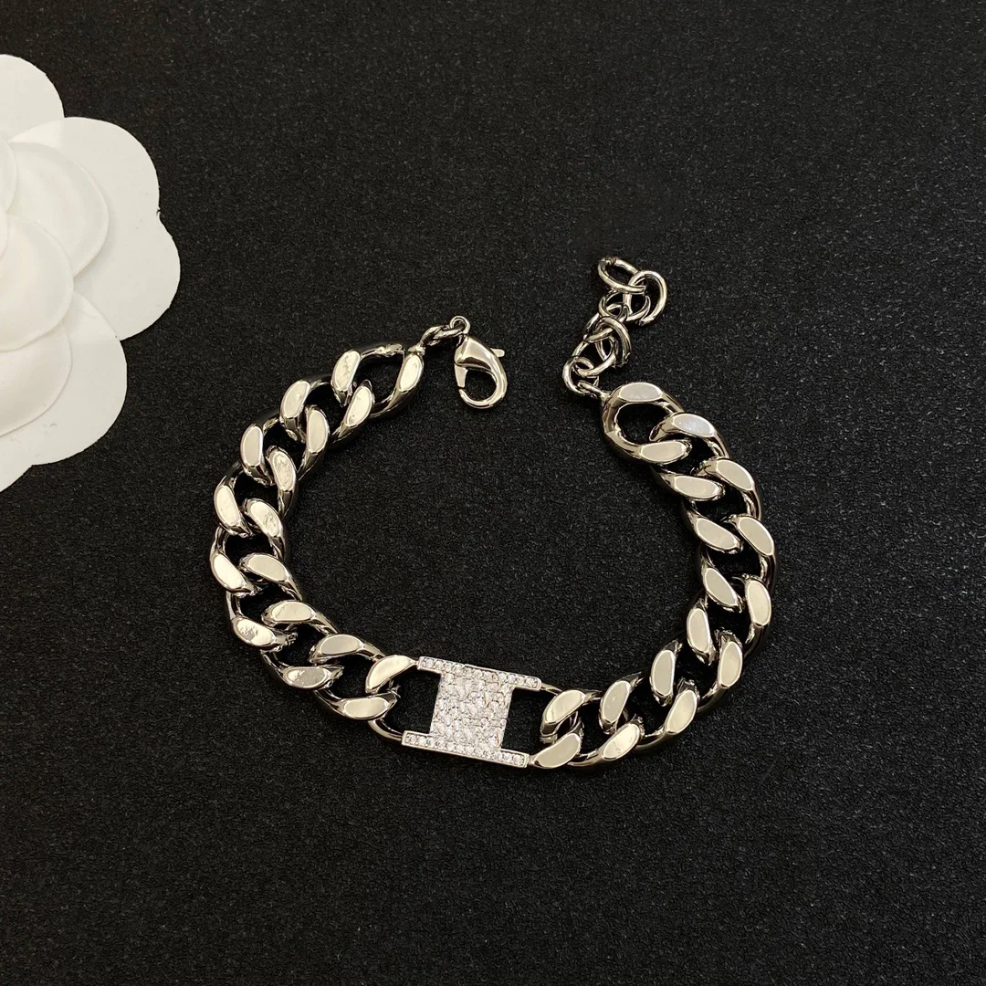 Classic trend men and women punk style silver metal letters with diamonds necklace bracelet jewelry set luxury design