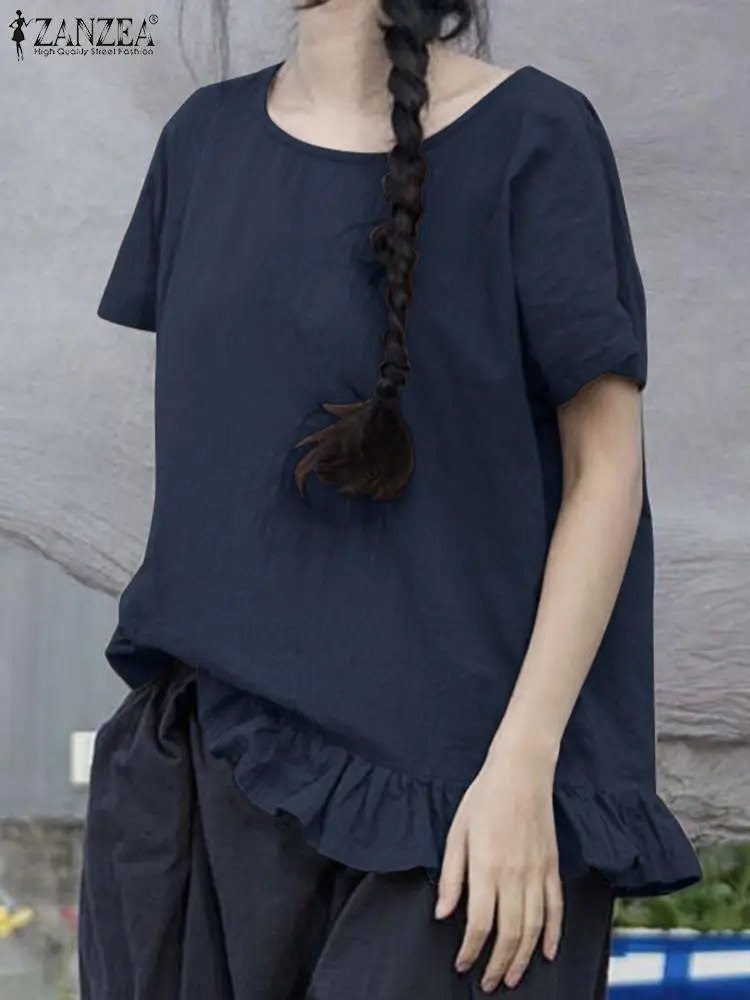 

ZANZEA Summer Vintage Solid Cotton Blouse Women Casual O Neck Short Sleeve Tops Fashion Loose Ruffles Hem Shirt Retro Blusas