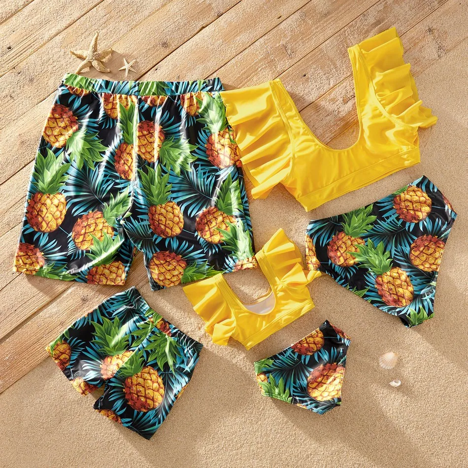 PatPat Summer Ruffle Sleeve Swimsuits Family Look Pineapple Full Print Yellow Swim Sets Family Matching Outfit Swimwear for Girl women swimwear