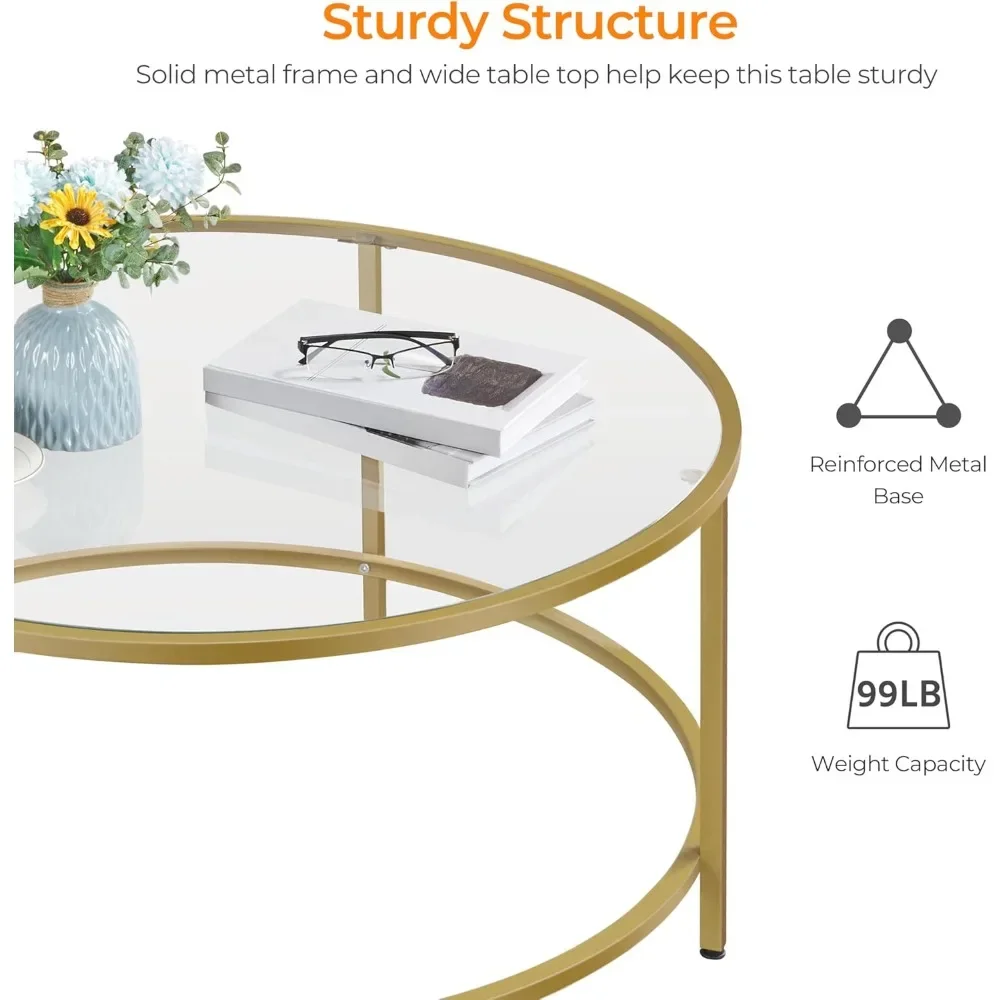Gold Glass Coffee Table for Living Room, 36" Round Glass Coffee Table with Metal Frame, Circle Coffee Table for Home, Office, A