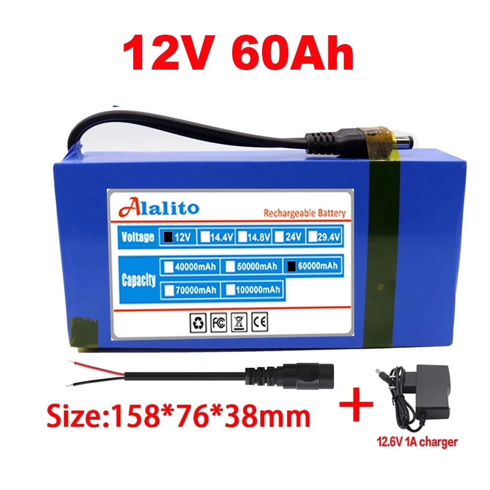 New 12v 18650 60000mAh Lithium-ion Battery pack DC 12.6V 60Ah battery With EU Plug+12.6V1A charger+DC bus head wire |