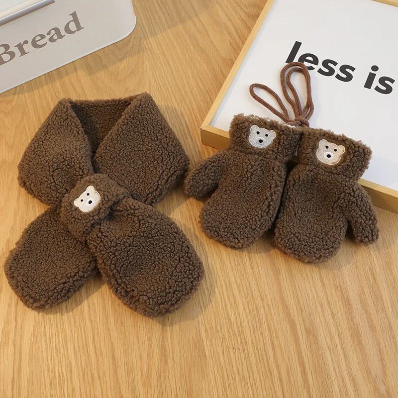 Bear Winter Baby Scarf Gloves Set Faux Lamb Wool Korean Warm Kids Neck Warmer Mittens Children Boys Girls Accessories 2-6Y